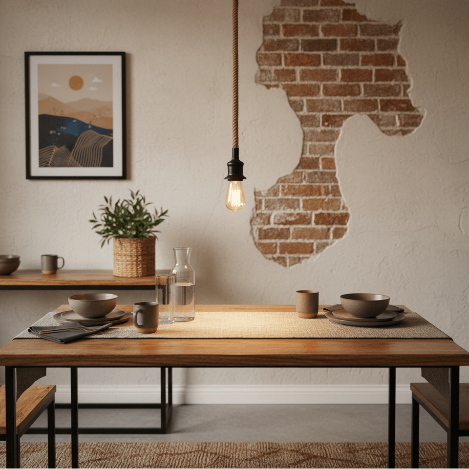 Metal pendant light with rope detail hanging over a dining table set with dishes and a plant.