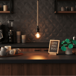 Metal pendant light with rope hanging above a kitchen counter, surrounded by coffee cups and a plant.