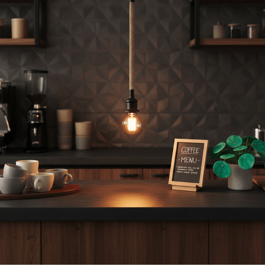 Metal pendant light with rope hanging above a kitchen counter, surrounded by coffee cups and a plant.