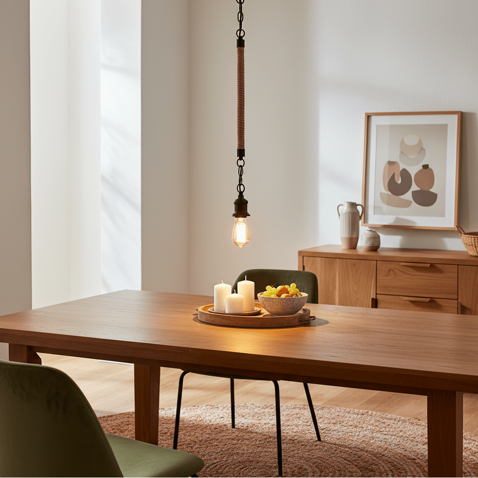Metal pendant light with rope detail hangs over a wooden dining table, surrounded by candles and fruit.