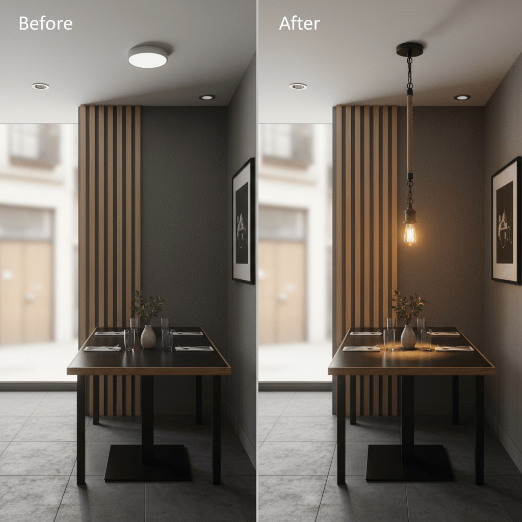 Before and after comparison showing a dining area transformed with a metal pendant light featuring a rope detail.