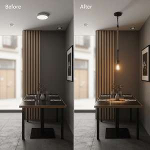 Before and after comparison showing a dining area transformed with a metal pendant light featuring a rope detail.