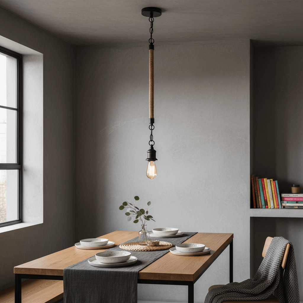 Metal pendant light with rope detail hanging over a dining table set with plates and a vase.