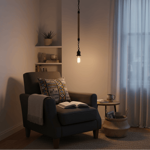 Metal pendant light with rope detail hanging above a cozy armchair, illuminating a reading nook.