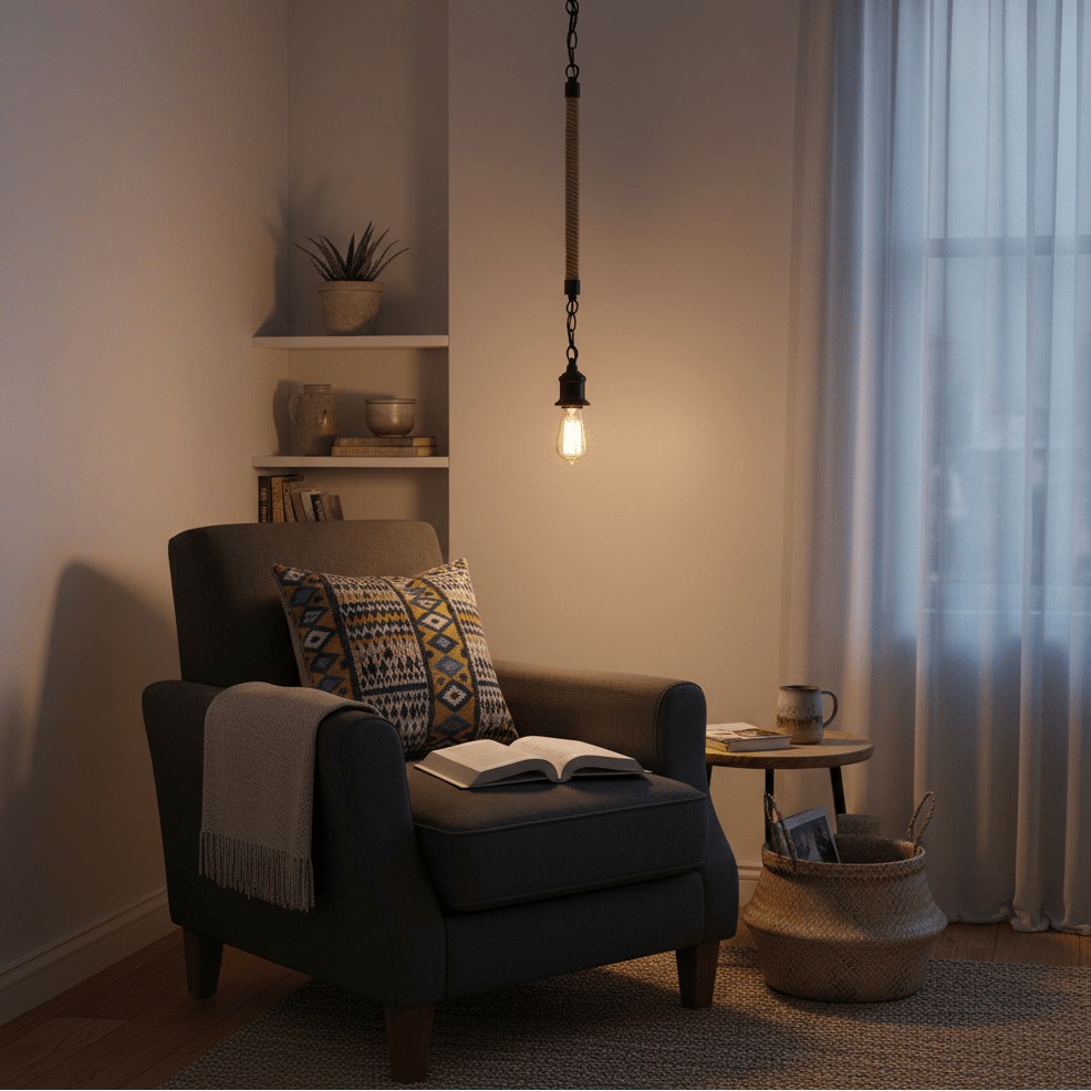 Metal pendant light with rope detail hanging above a cozy armchair, illuminating a reading nook.