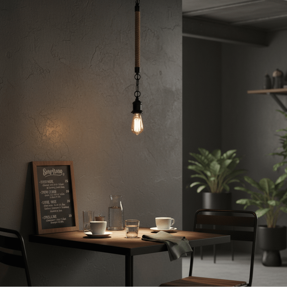 Metal pendant light with rope detail hanging over a wooden table set with cups and a menu board.