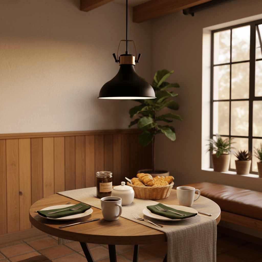 Black metal pendant light hanging over a dining table set with plates and drinks, surrounded by plants.