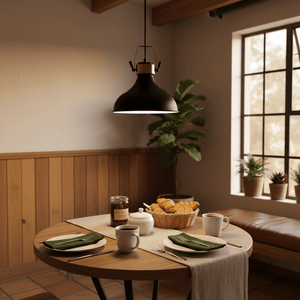 Black metal pendant light hanging over a dining table set with plates and drinks, surrounded by plants.