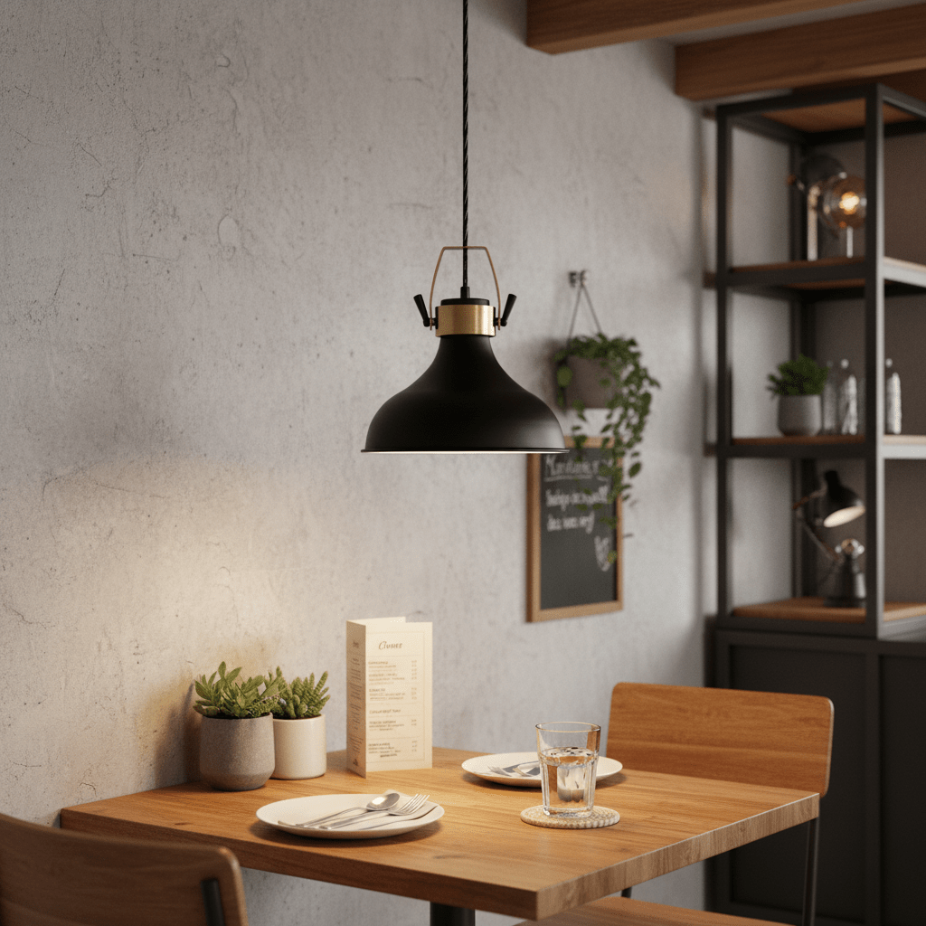 Black metal pendant light hanging above a wooden dining table set with plates and a menu.