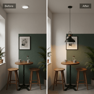 Before and after comparison of a dining area with a black metal pendant light installed, enhancing the space.