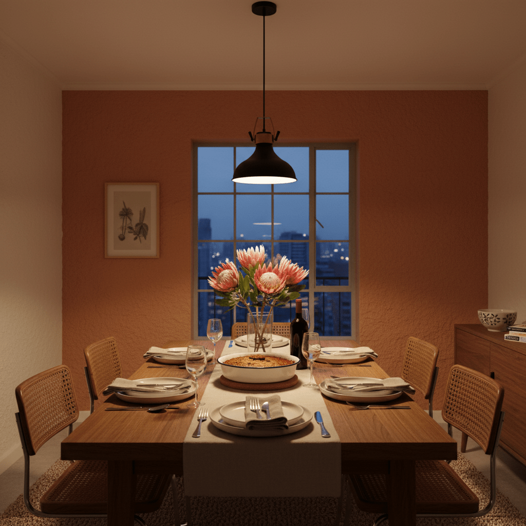 Black metal pendant light hanging over a dining table set with plates and flowers, creating a warm ambiance.