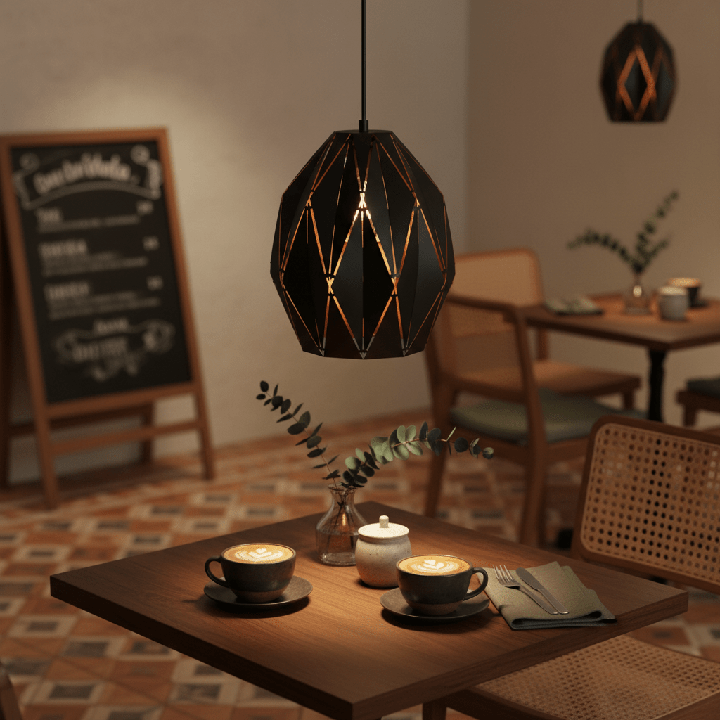 Stylish black metal pendant light illuminating a cozy café table with coffee cups and greenery.