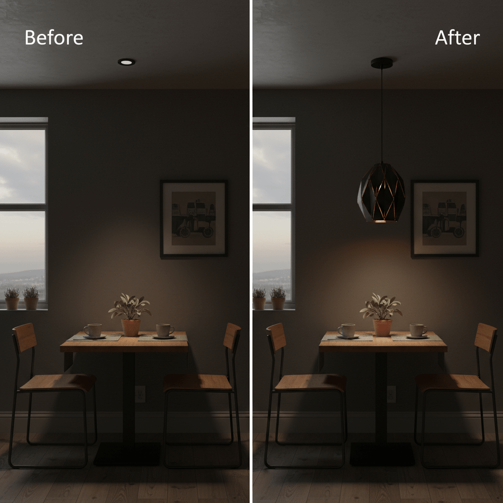 Before and after comparison of a dining area with a black metal pendant light installed, enhancing ambiance.