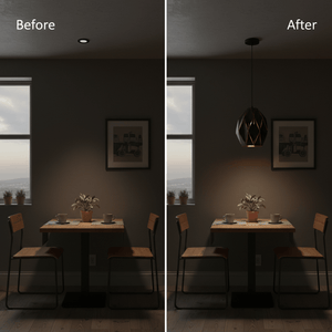 Before and after comparison of a dining area with a black metal pendant light installed, enhancing ambiance.