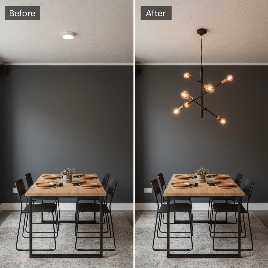 Before and after comparison of a dining area with a black and gold pendant light installed.