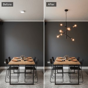Before and after comparison of a dining area with a black and gold pendant light installed.