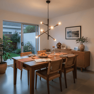 Black and gold six-light pendant with adjustable arms above a wooden dining table set with fruit and decor.