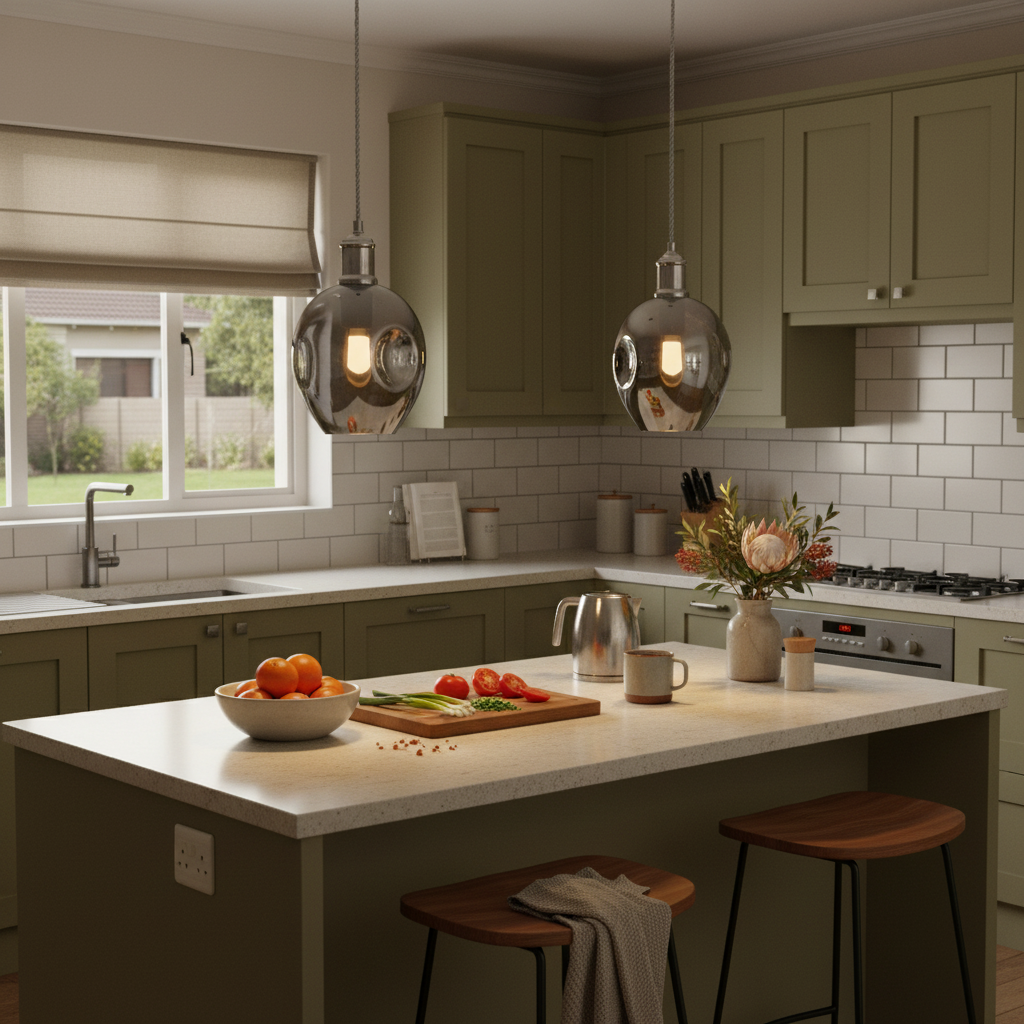 Polished chrome pendant lights hang above a kitchen island with fresh produce and a floral centerpiece.
