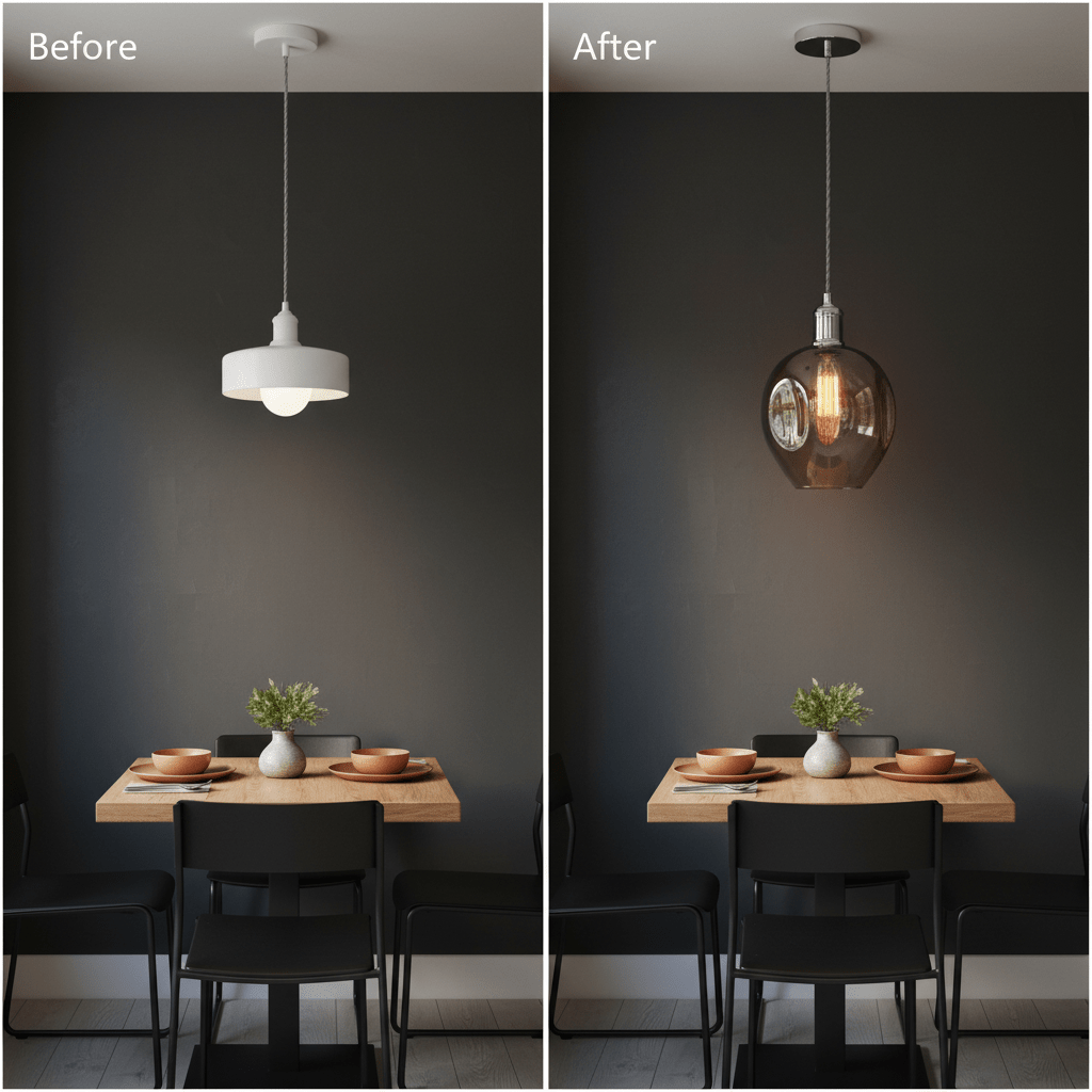 Before and after comparison of a dining area with a white pendant light and a polished chrome pendant with smoke glass.
