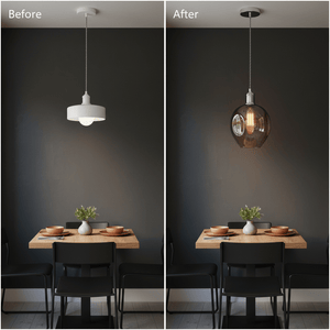 Before and after comparison of a dining area with a white pendant light and a polished chrome pendant with smoke glass.