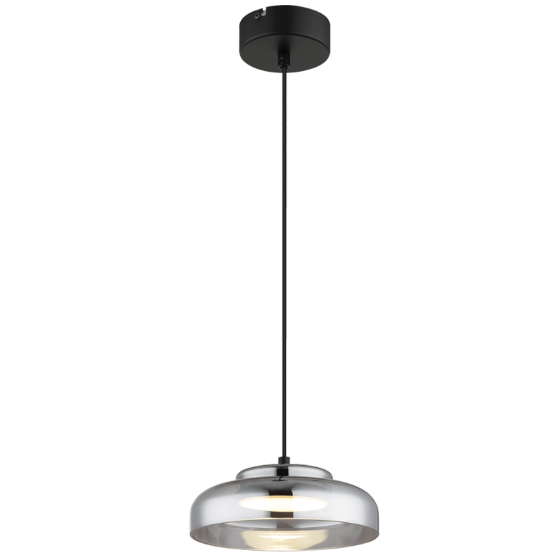 Modern pendant light with black fixture and glass shade on a white background