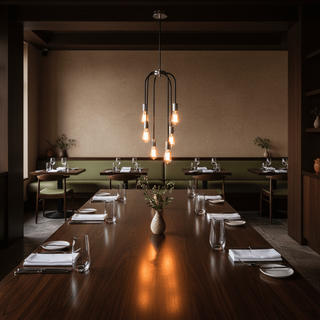 Modern pendant light with black arms and exposed bulbs hangs over a long wooden dining table set for a meal.