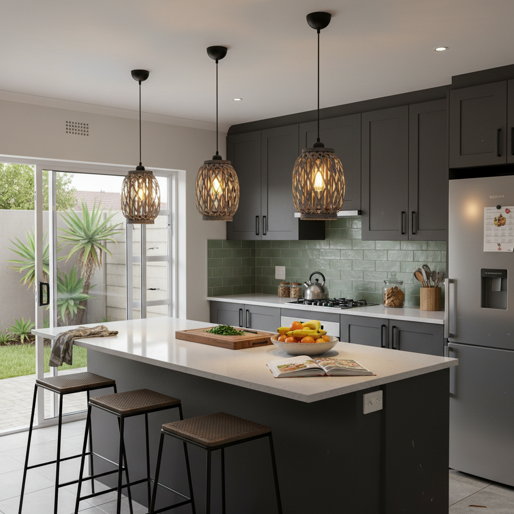 Three Metal and Rattan Pendant Lights hanging above a kitchen island with a fruit bowl and cutting board.