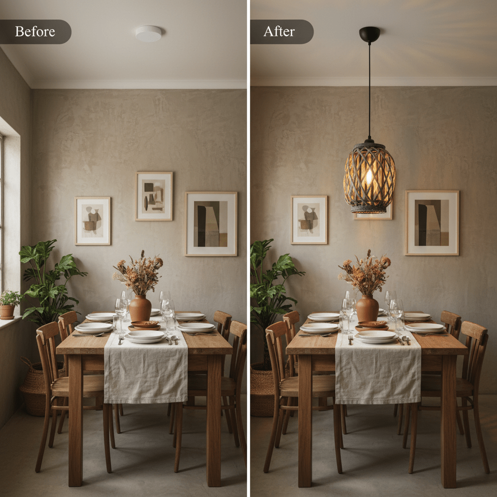 Before and after comparison of a dining area featuring a Metal and Rattan Pendant light above a wooden table.