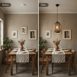 Before and after comparison of a dining area featuring a Metal and Rattan Pendant light above a wooden table.