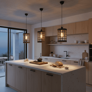 Three metal and rattan pendant lights hang over a kitchen island, illuminating a cozy space with warm tones.