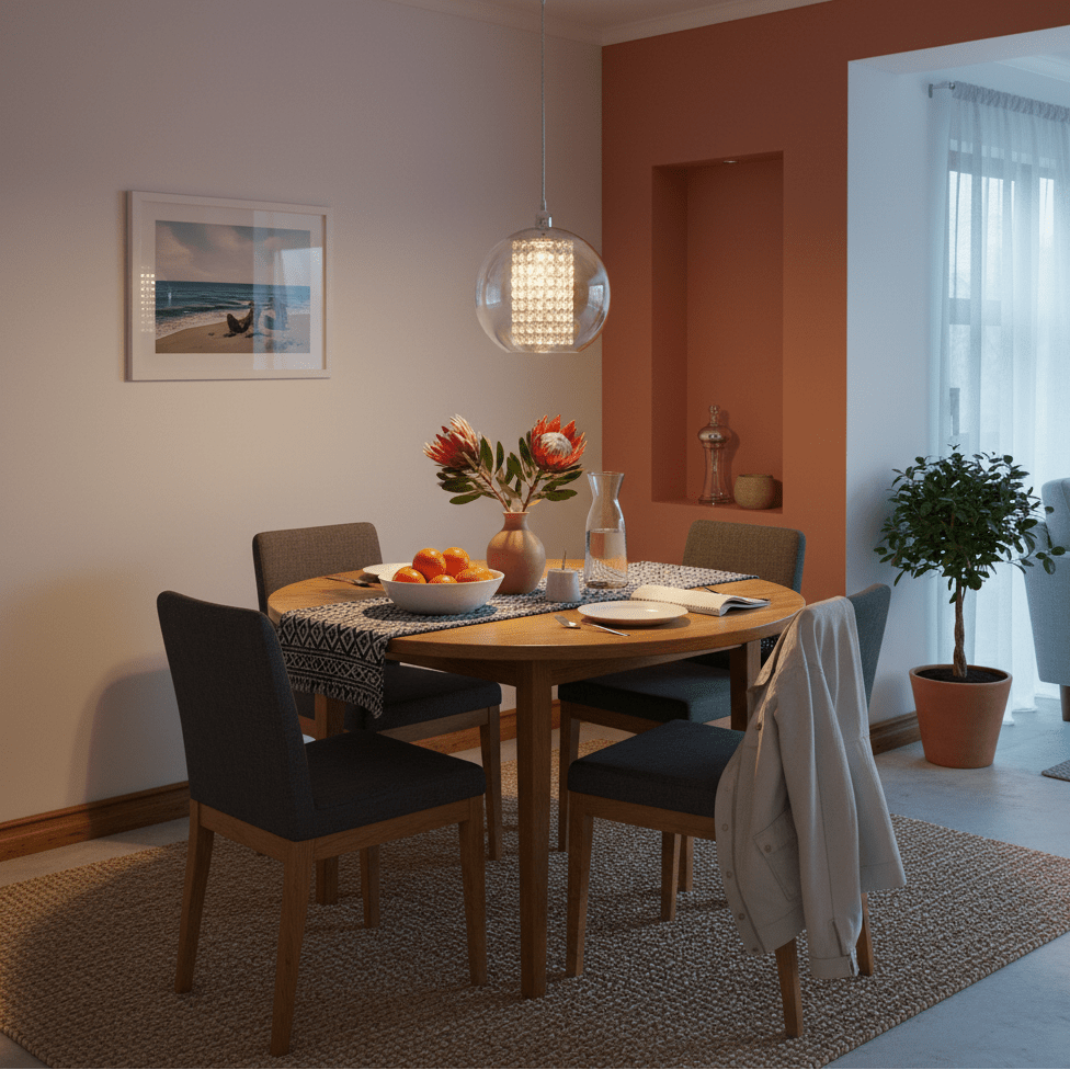 Dining area with a round table, chairs, and decorative elements in a home setting.