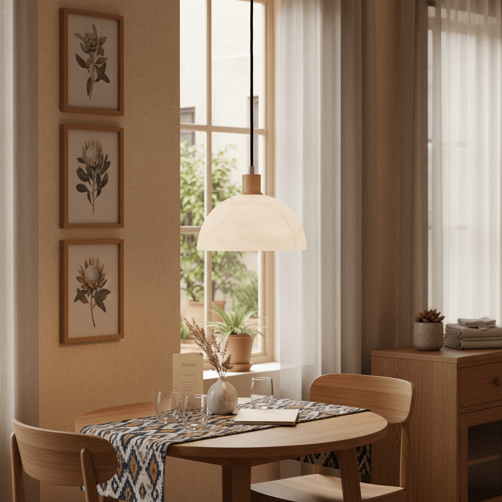 Pendant light with alabaster glass and wood finish hanging over a dining table with decor.