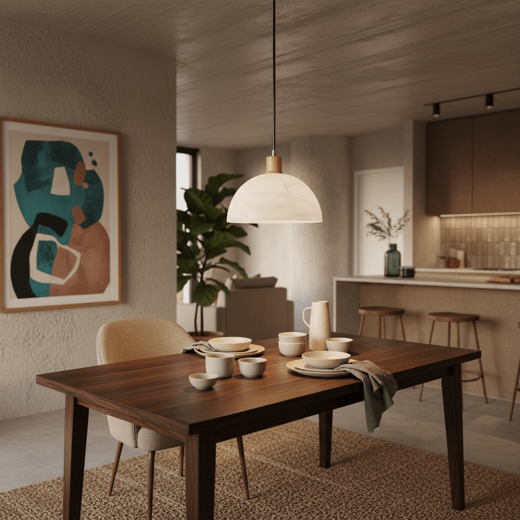 Stylish pendant light with alabaster glass and wood finish above a dining table set with dishes.