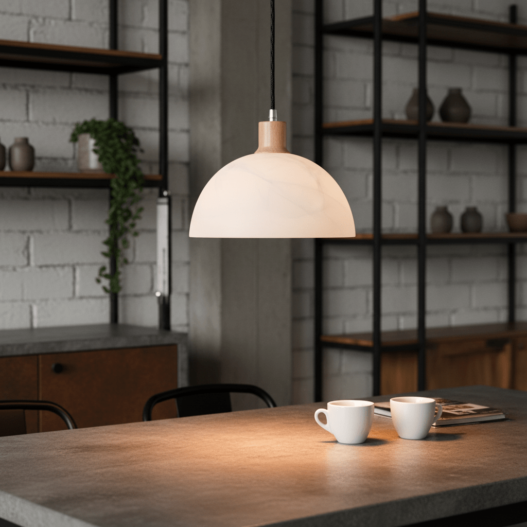 Pendant light with alabaster glass shade and wood finish hanging above a dining table with coffee cups.