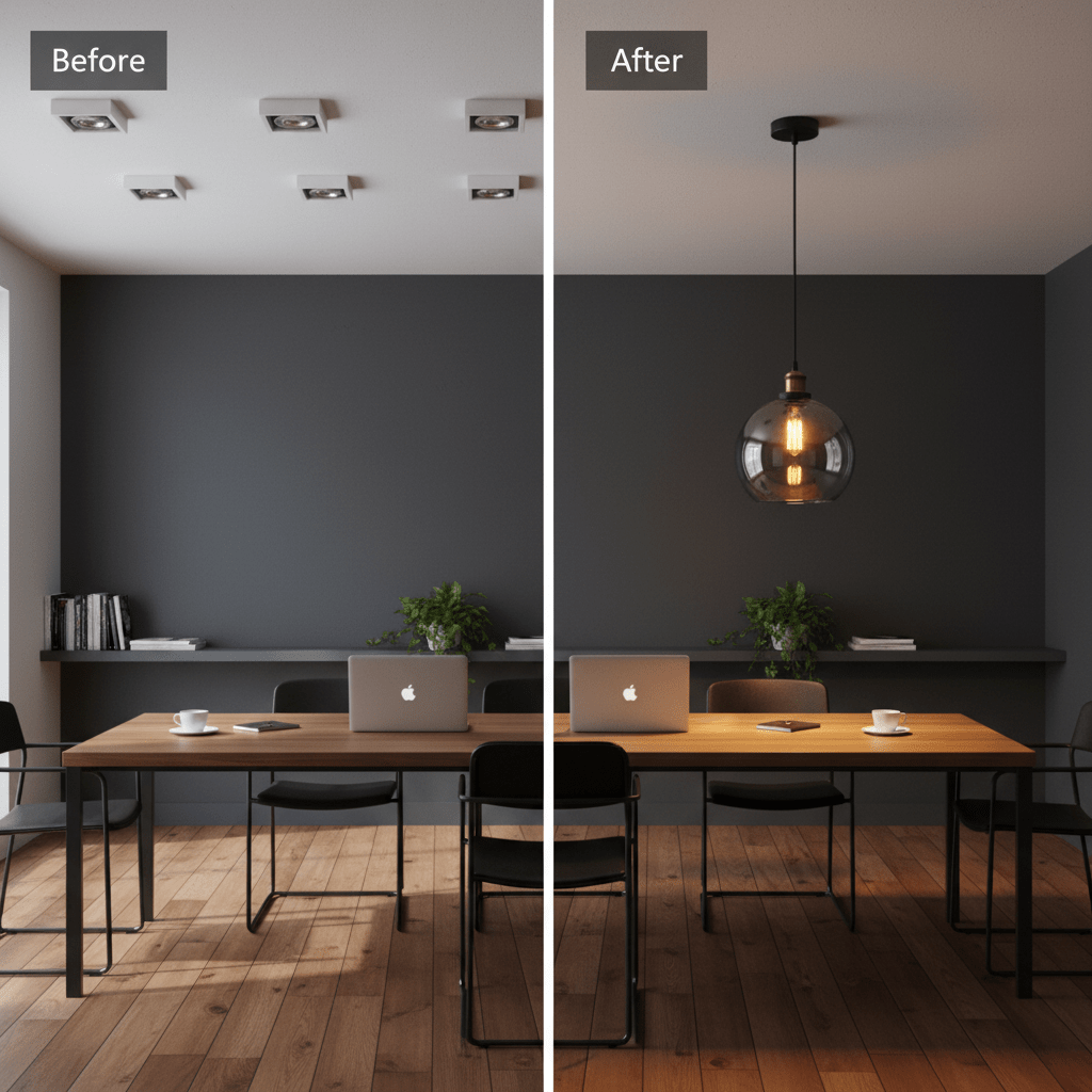 Before and after comparison of a room with ceiling lights and a pendant light fixture.