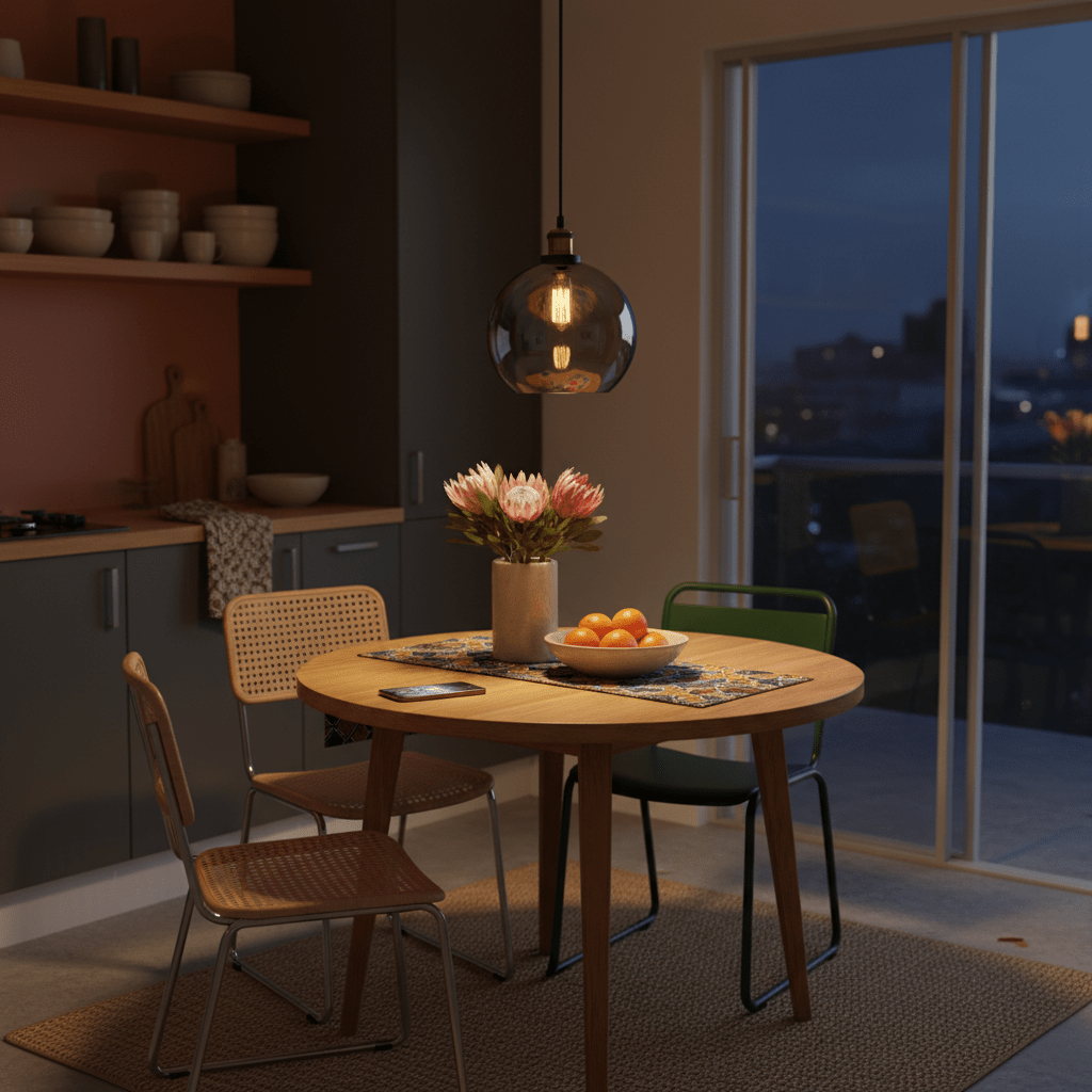 Dining area with a smoke pendant light
