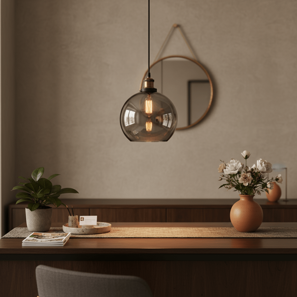 Smoke-glass pendant light hanging above a wooden table with plants and decor, creating a cozy ambiance.