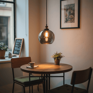 Smoke-glass pendant light hanging above a wooden table with a coffee cup and potted plant.