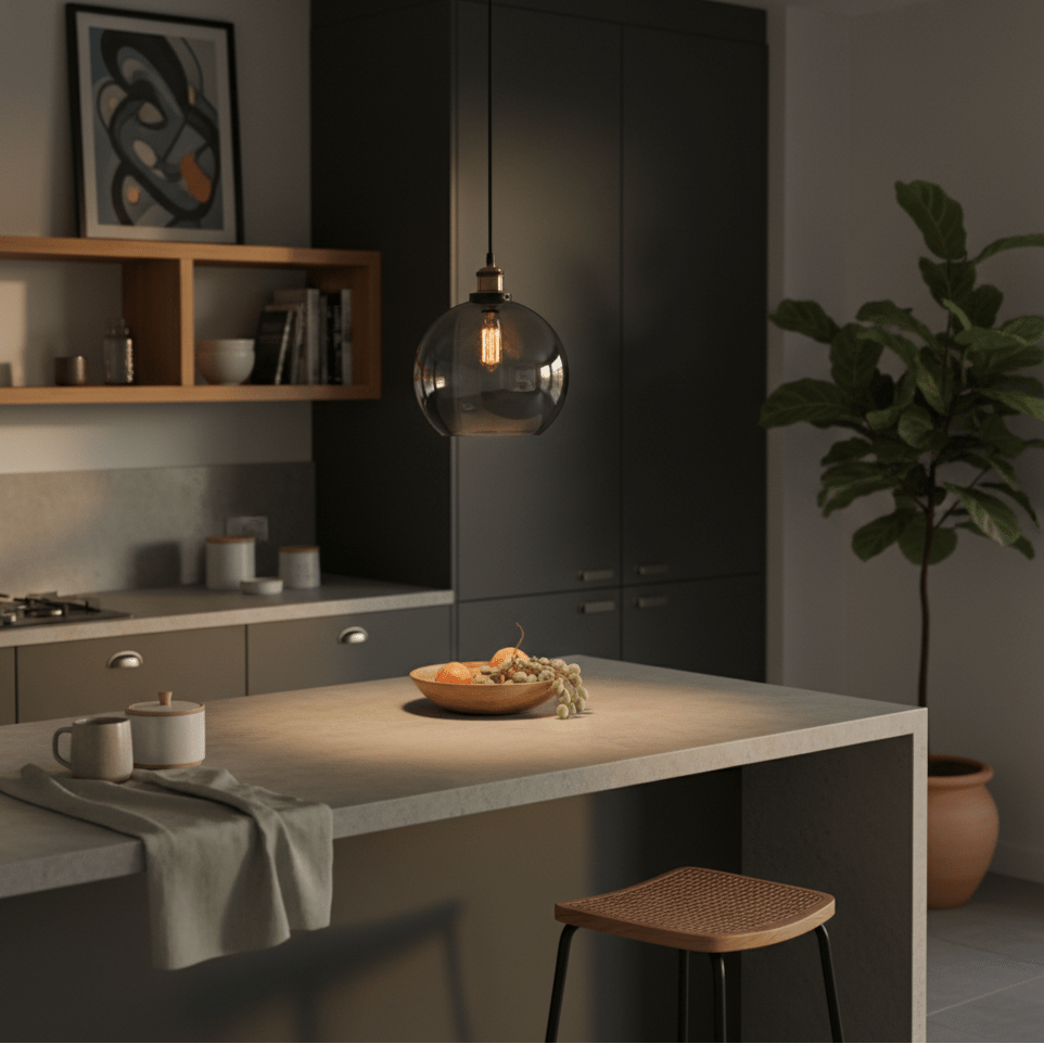 Smoke-glass pendant light hanging above a kitchen island with a bowl of fruit and a cozy atmosphere.