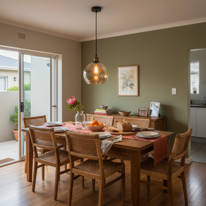 Amber pendant light hanging above a wooden dining table set with plates and a vase of flowers.