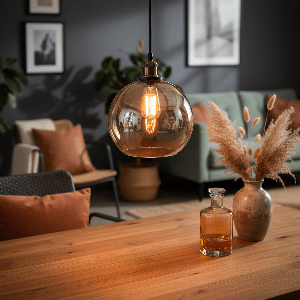Amber pendant light hanging above a wooden dining table with decorative elements and a cozy living space in the background.