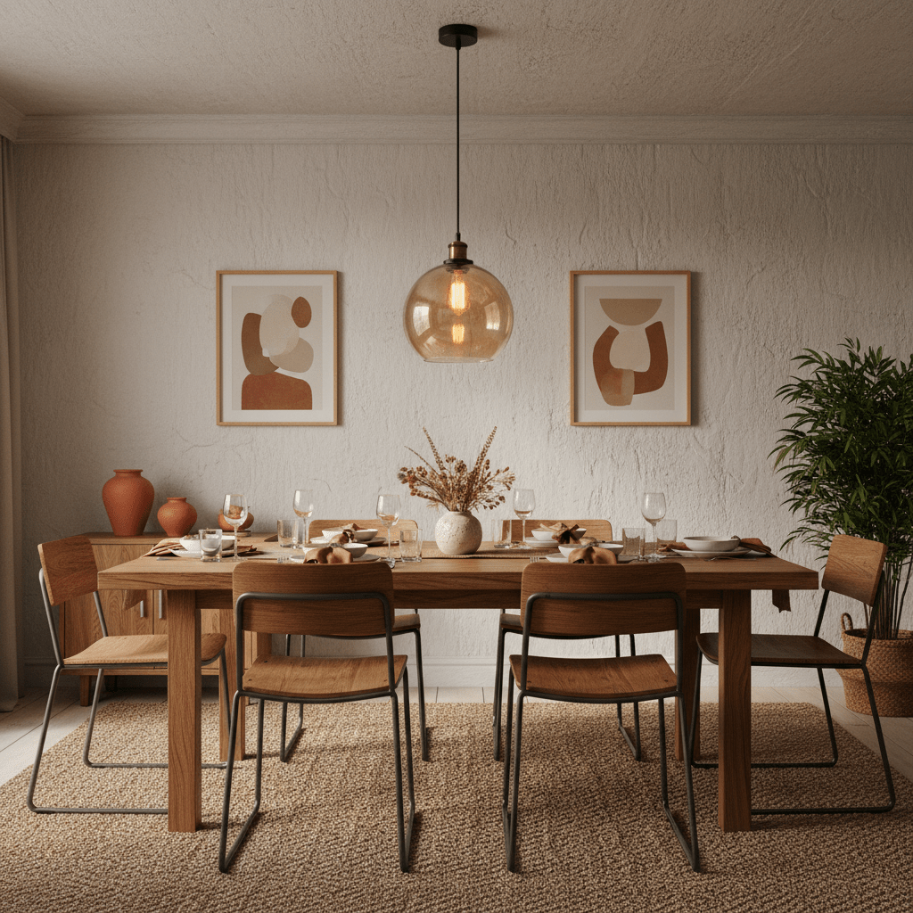 Amber pendant light hanging above a wooden dining table set with plates and glasses, surrounded by chairs.