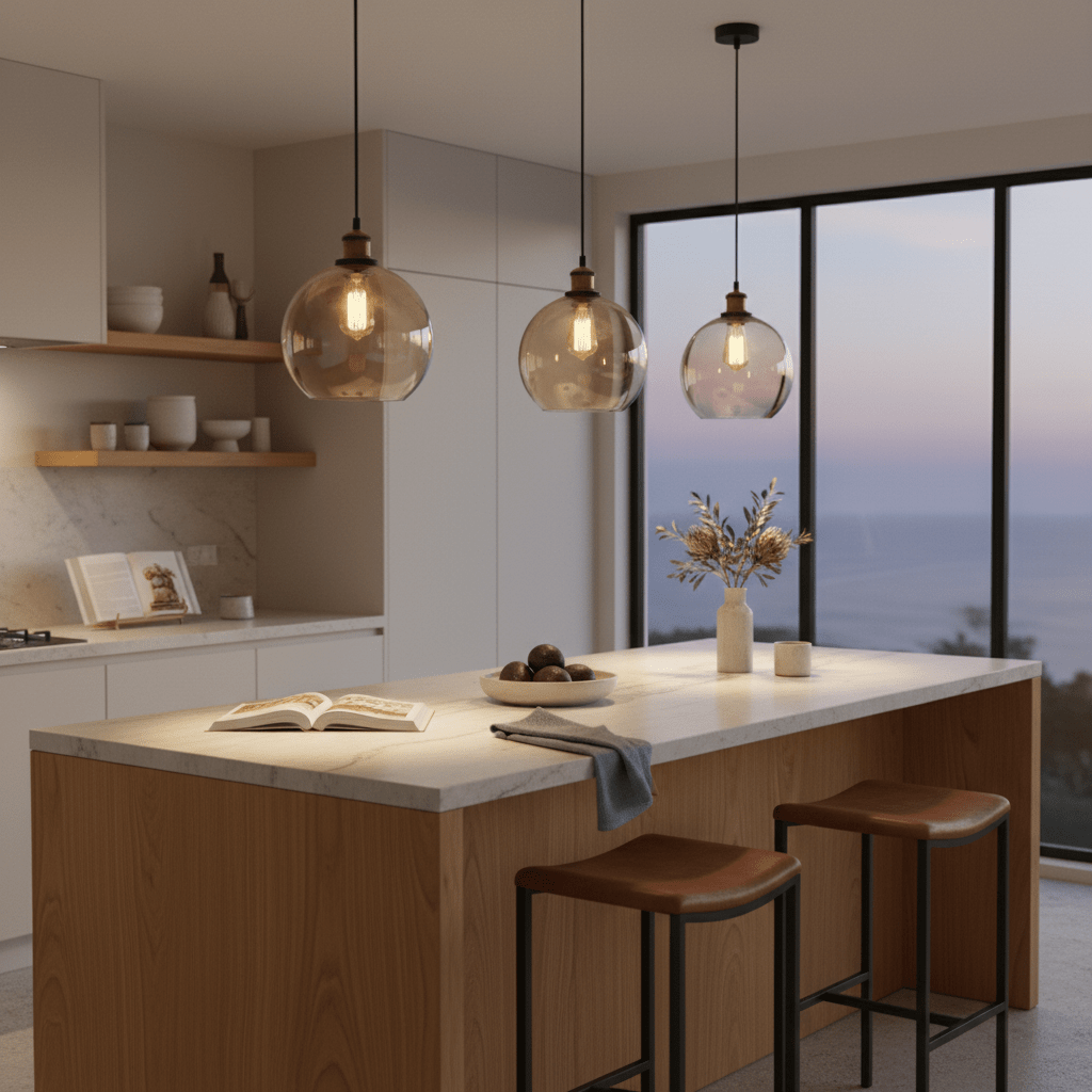 Amber pendant lights hang above a modern kitchen island, casting a warm glow over a marble countertop.