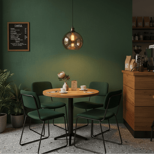 Amber pendant light hanging above a round wooden table with green chairs in a cozy café setting.