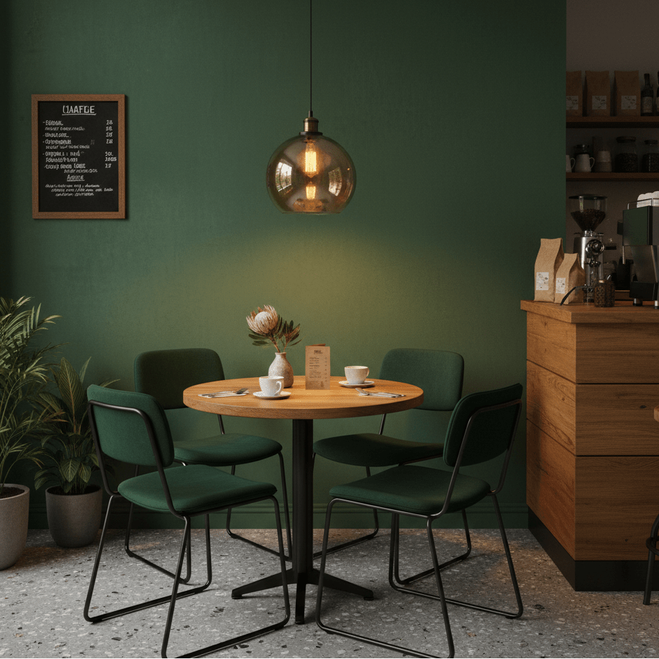 Amber pendant light hanging above a round wooden table with green chairs in a cozy café setting.