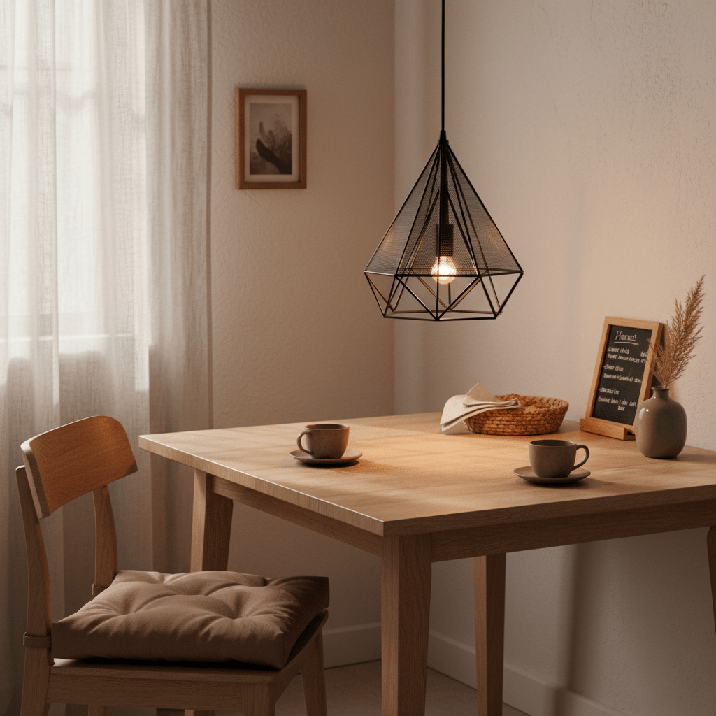 Geometric metal pendant light hanging above a wooden dining table set with cups and decor.