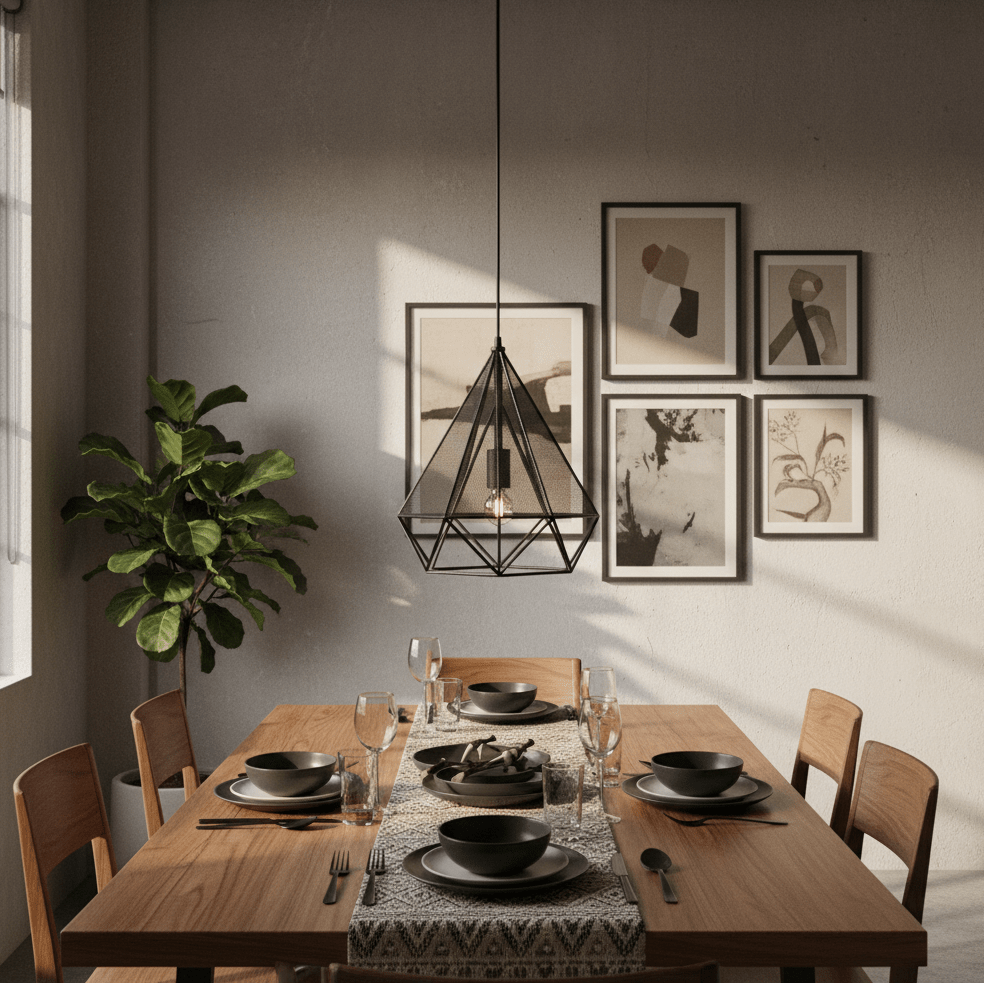 Geometric metal pendant light hanging above a dining table set with plates and glasses, surrounded by artwork.