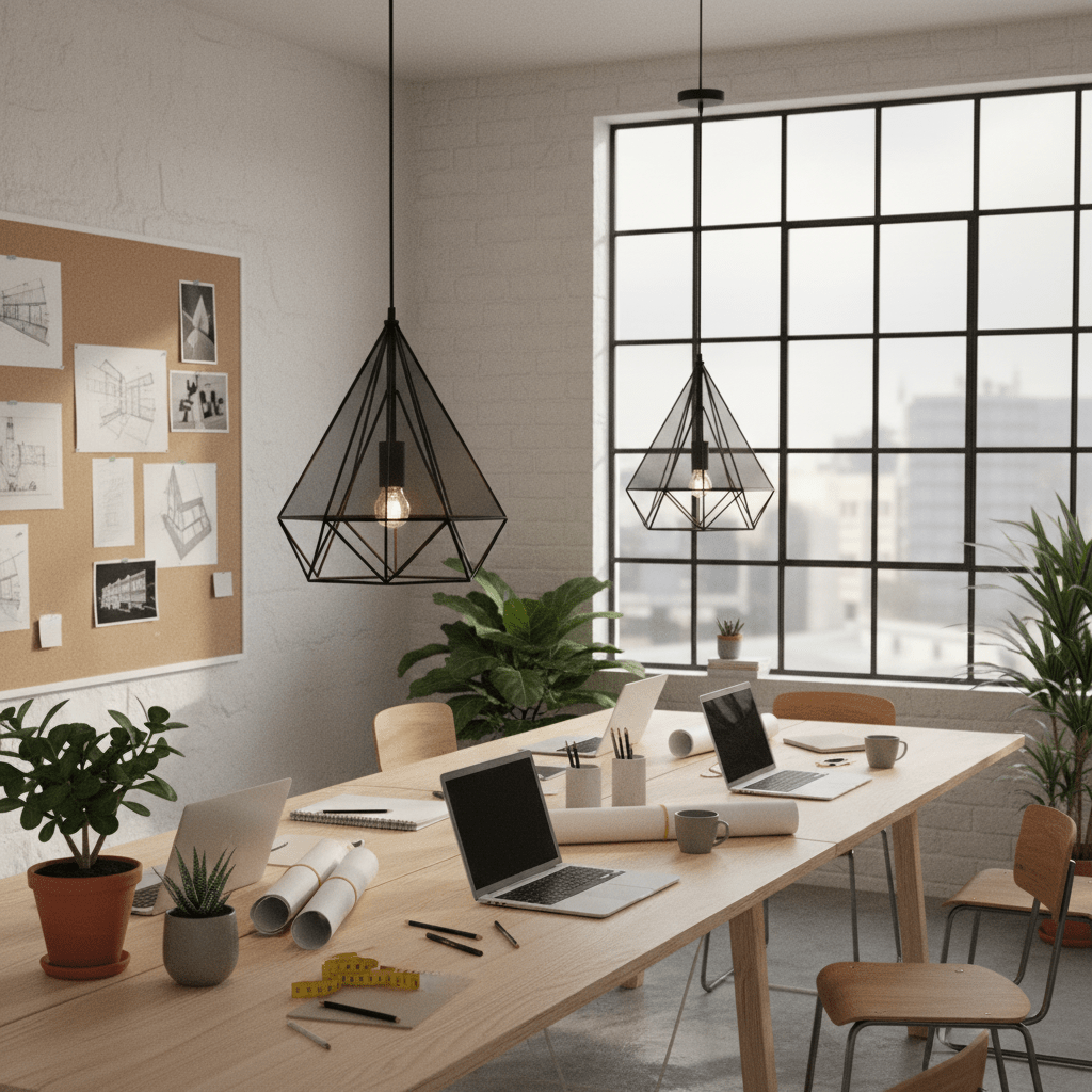 Geometric metal pendant lights hang over a modern office table with laptops and plants.