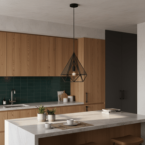 Geometric metal pendant light hanging over a modern kitchen island with wooden cabinets.