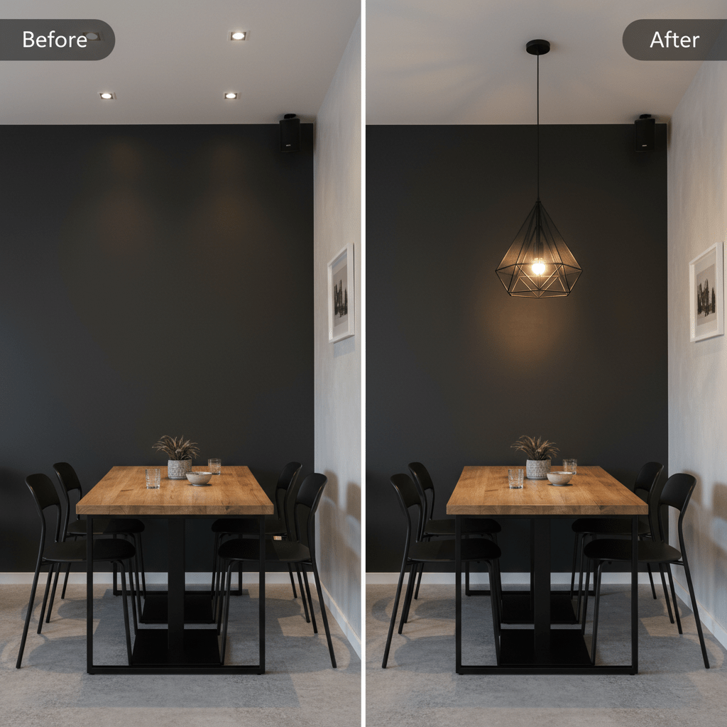 Before and after comparison of a dining area featuring the Metal Pendant Pythag light.
